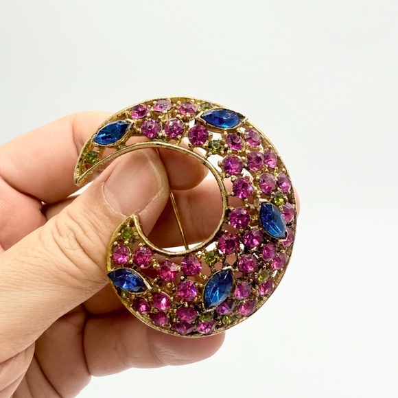 None Jewelry - Vintage Multi Color Rainbow Rhinestone Crescent Brooch
